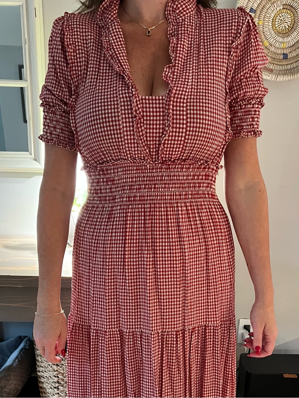 Max Studio Red Gingham Smocked-Waist Maxi with Ruffle V-Neck